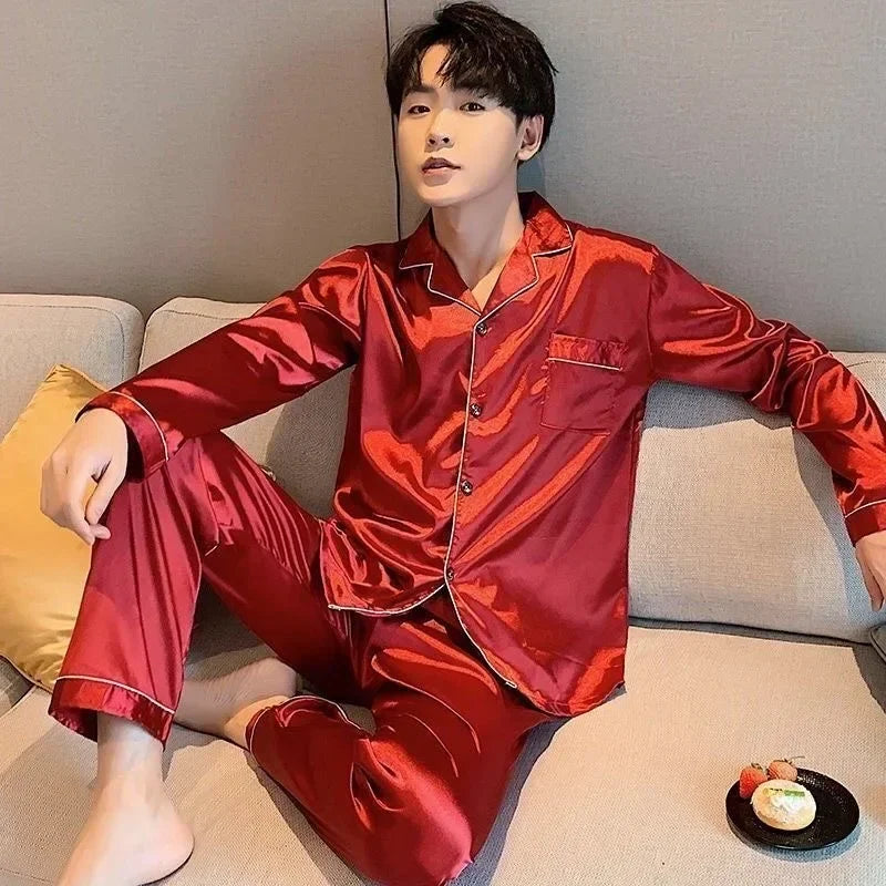 High Quality Men's Casual Pajama Sets Fashion Satin Long Sleeve Lapel Tops and Pants Homewaer Suit Men Comfort Lounge Sleepwear