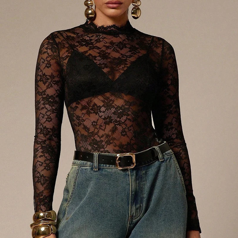 Sexy Lace Bodysuits For Women Fashion Clubwear Long Sleeve Slim See Through Romper Female Jumpsuit Lady Playsuit White Shirt
