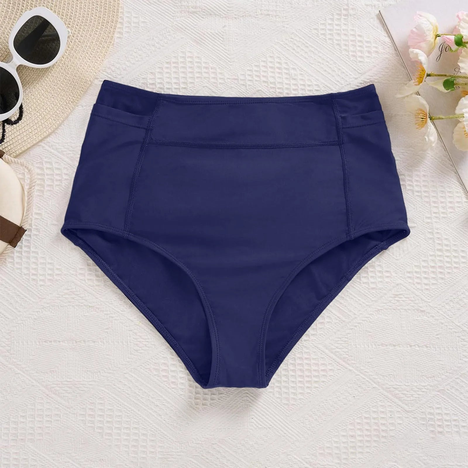 Women's High Waist Swimming Bottoms, Vintage Basic Bikini, Full Coverage Split Swimsuit Briefs, Swimming Trunk with Pockets