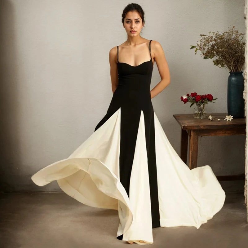 Sexy Sleeveless Women's Slip Dresses Elegant Contrast Color Spaghetti Straps Backless Long Dress Fashion Luxury Party Vestidos