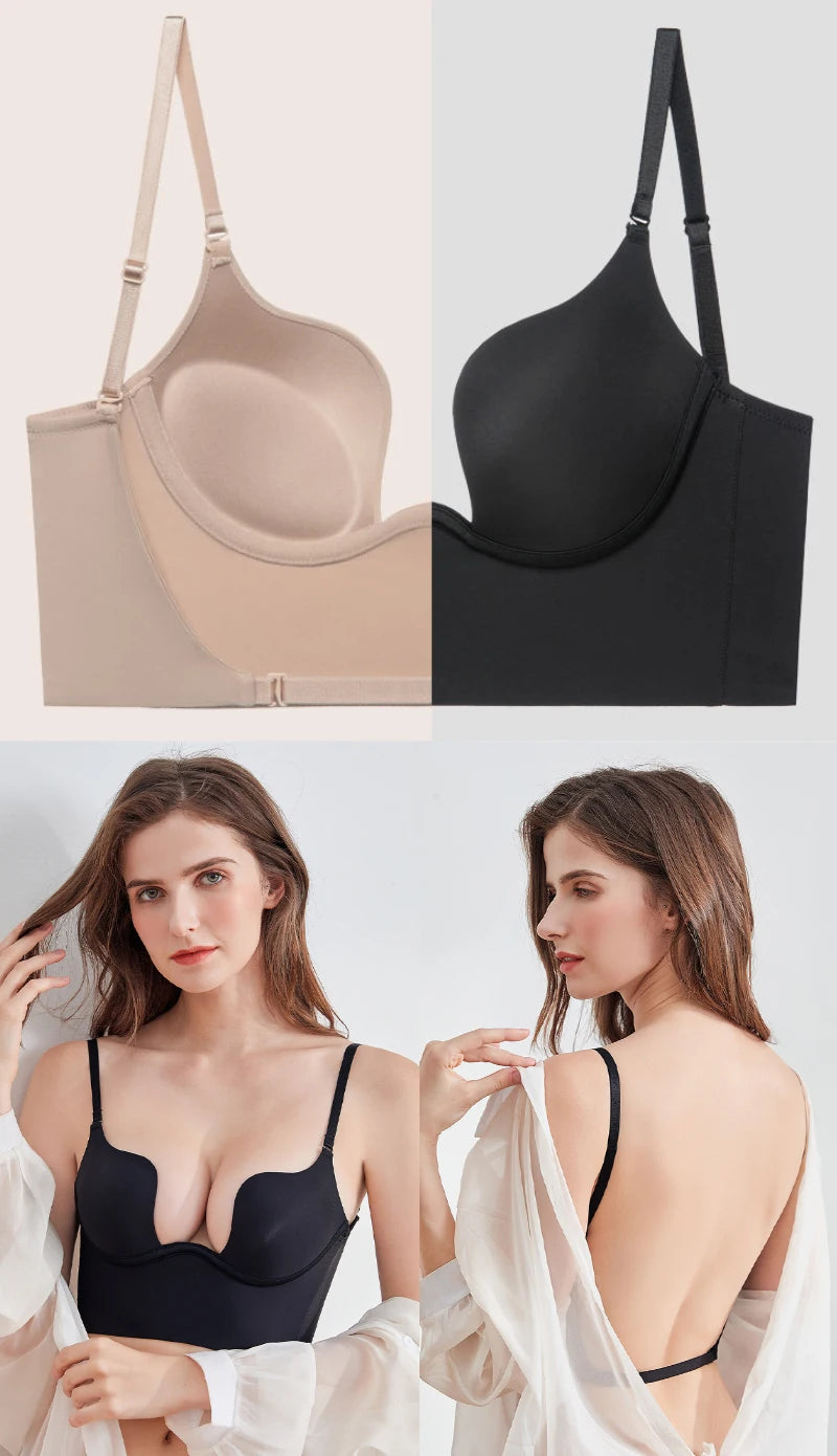 Push Up Bra Backless Women Bras Low Cut Sexy Plunge Brassiere Open Back Wedding Underwear Invisible Seamless Deep U Lingerie