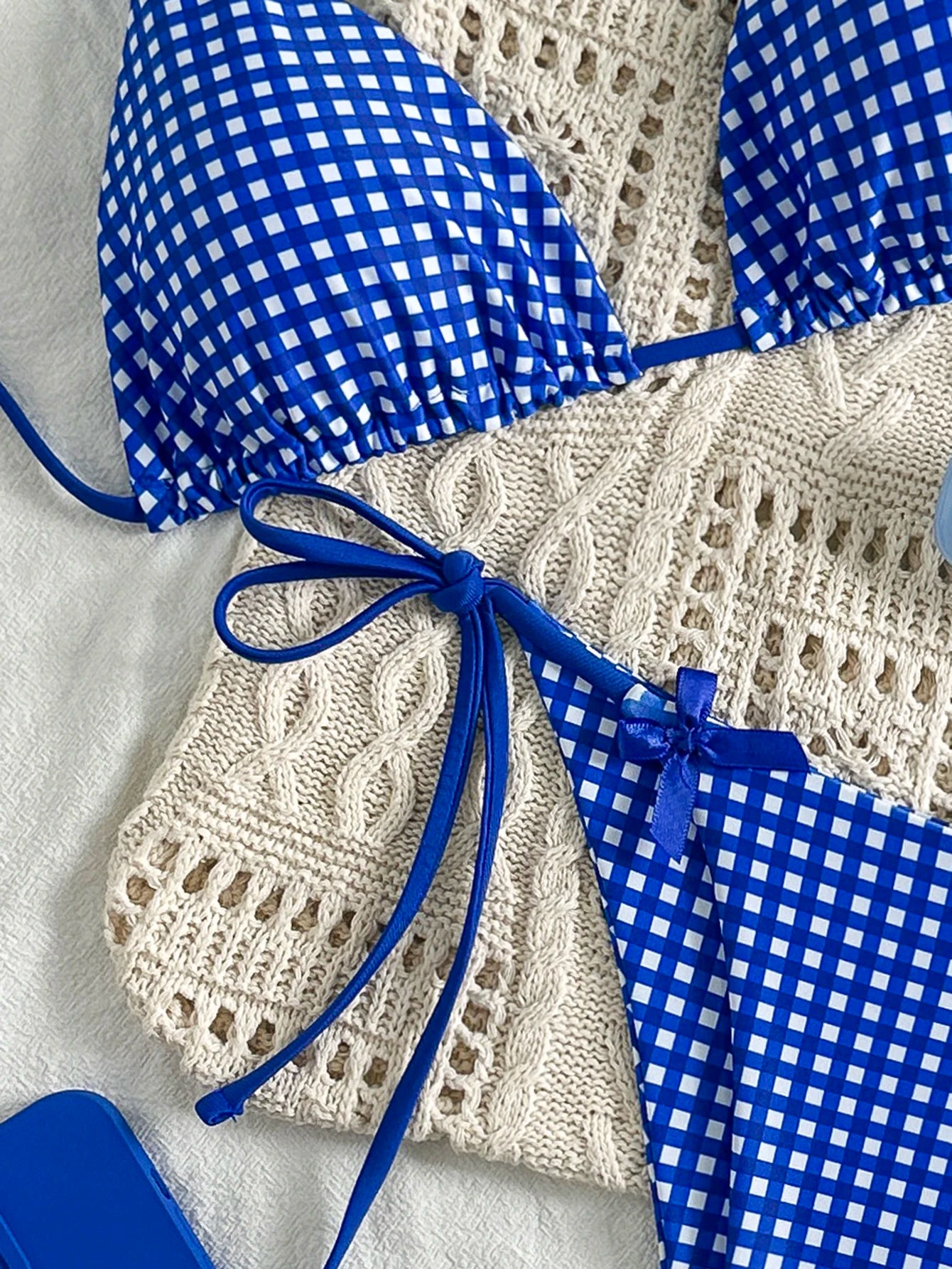 Women's Bikini Set, Ins-Style Picnic Mat Blue and White Plaid Two-Piece Swimsuit, Popular Bowknot Design, Sexy Halter Neck Tie-Up Triangle Top and Tie-Up Triangle Bottoms