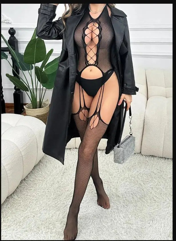 New Leopard Print Sexy Babydoll Lingerie Transparent Clothing Sex Underwear Pajamas Women's Bodysuit Crotchless Bodystockings