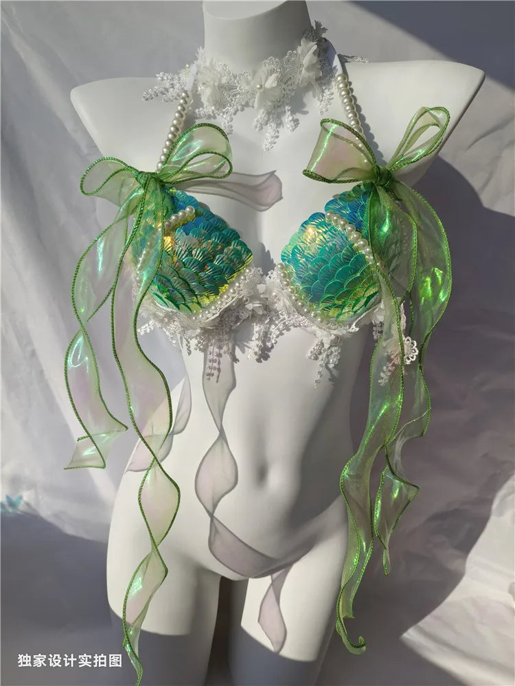 Super Beautiful Mermaid Bikini Sequin Bra Summer Swimming Free Diving Cosplay Mermaid Bra Oceanarium Bar Performance Clothing