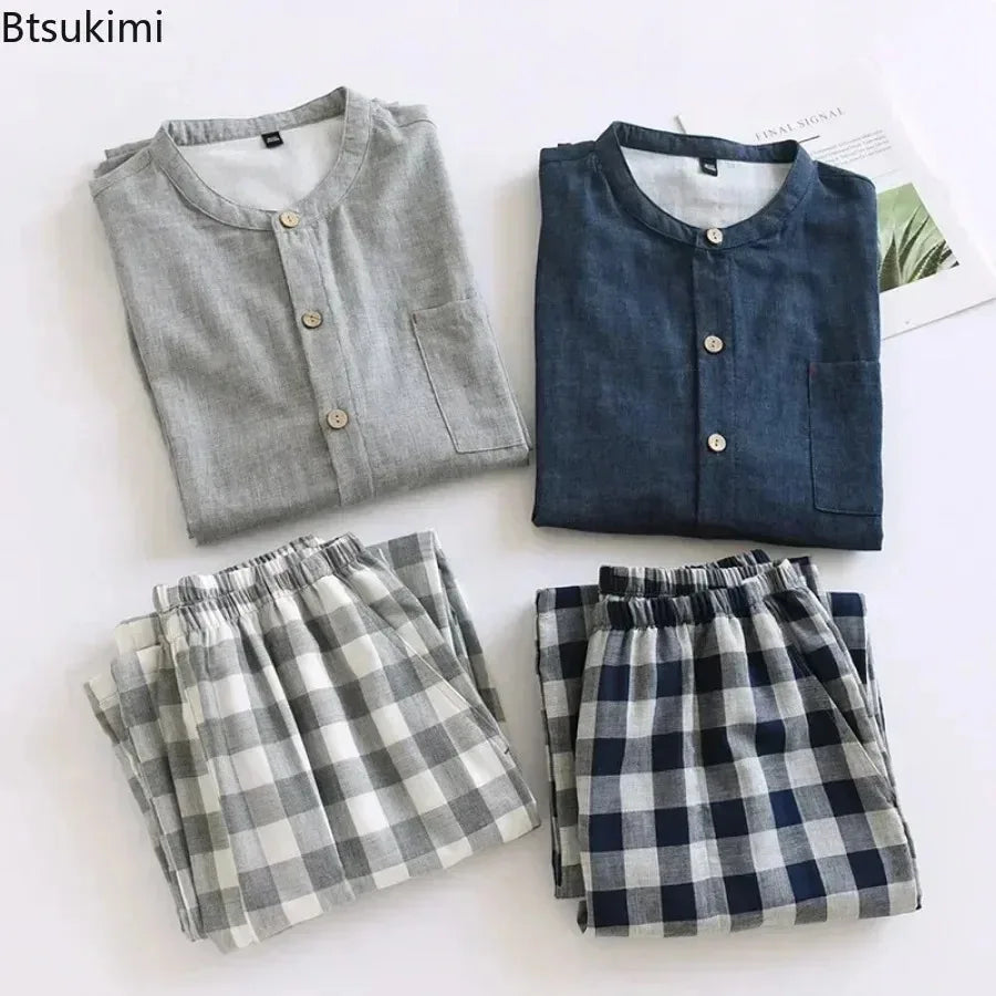 2026 Japanese Style Men's Cotton Pajama Sets Plaid Long Sleeve Trousers Sleepwear Sets Men Double-layer Cotton Homewear Lounge