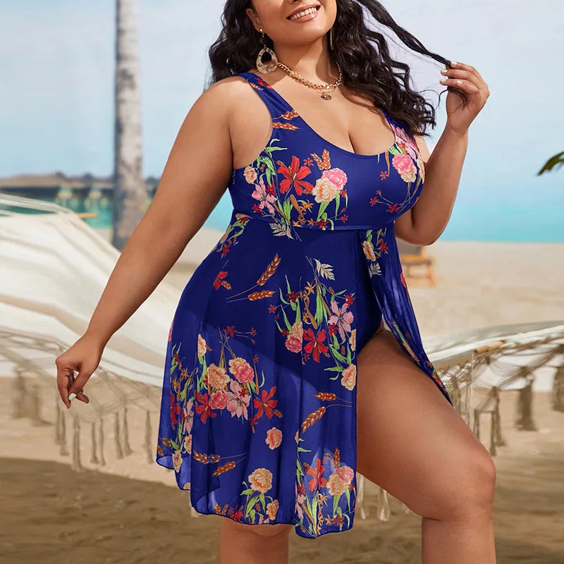 Plant Print Split Hem Monokini Flattering Plus Size One-piece Swimsuits for Women U-neck Summer Skirt Style Split Bathing Suit