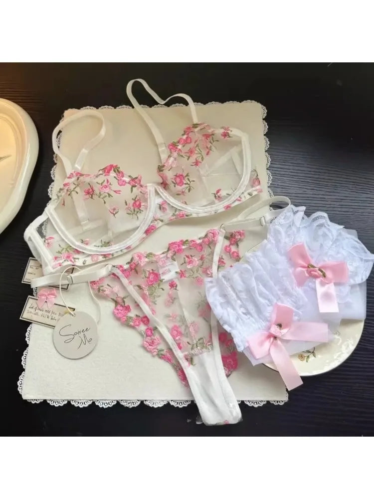 Sexy Lingerie Set - Pink French Lace Bra|G-stringFloral Embroidery Women's Underwear,Sweet Push Up Bra Set,Valentine's Day Gift