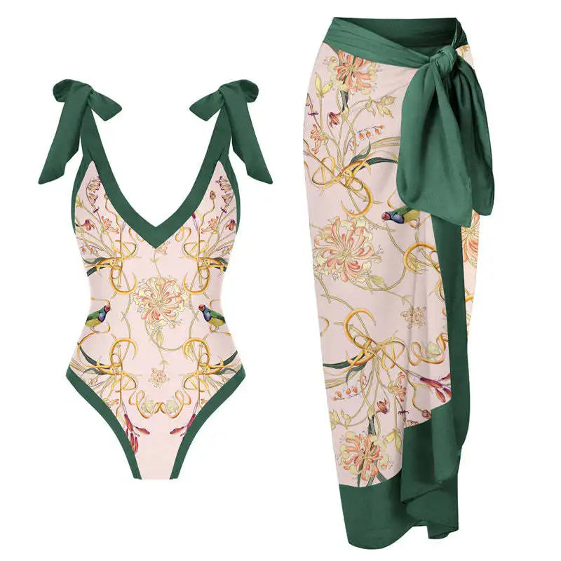 Fashion Women Cover Swimsuit Retro Print Gorgeous One-Piece Suit with Swimwear Beach Casual Swimwear Skirt That Wraps Hips