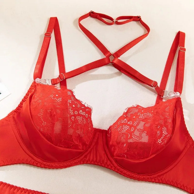 4 Pieces Sexy Lingerie Sets Women Hot Halter Lace Bra and Panty Garters Mini Skirt Set Sissy Erotic Costumes Romantic Underwear