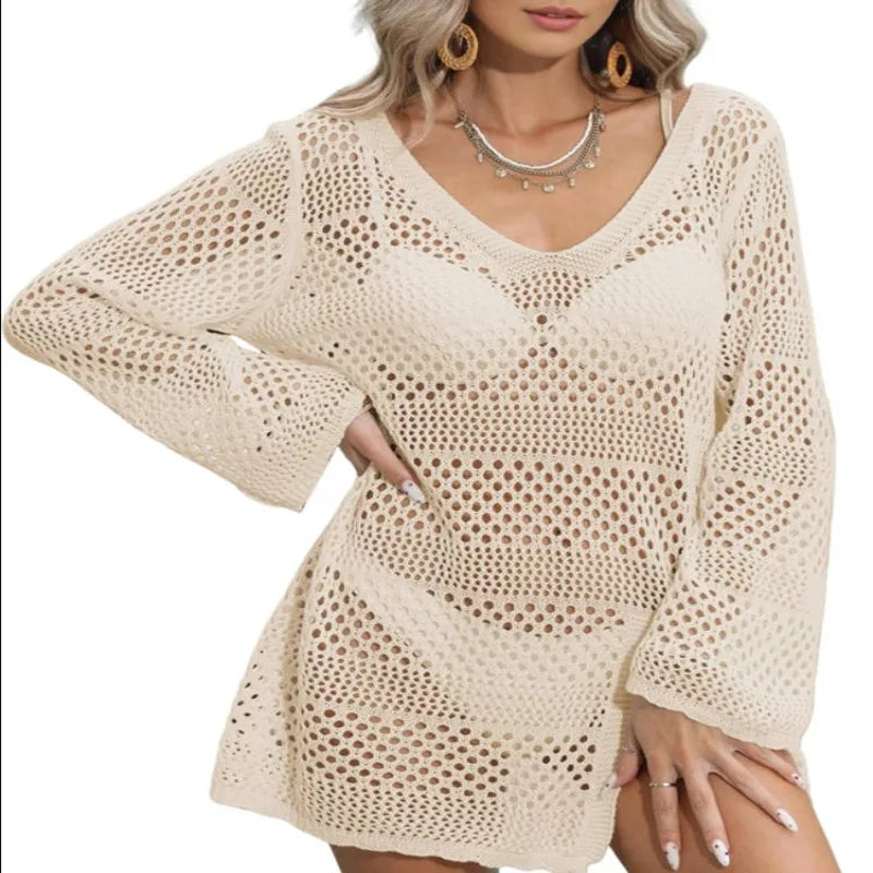Women'S Swimsuit Cover Up Crochet Bathing Suit Mesh Swimwear Knit Pullover Beach Dress