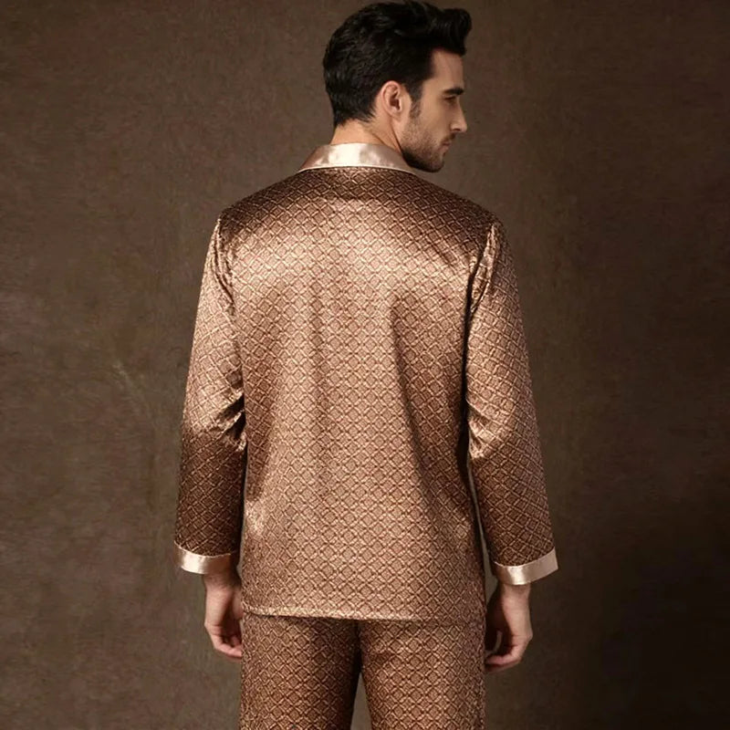 2PCS Men's Geometric Print Pajama Set Loungewear Spring New Thin Polyester Ice Silk Sleepwear Plus Size Homewear Pijamas Suit