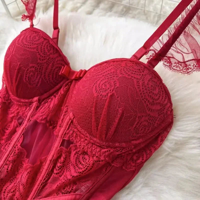 Sexy Lingerie Lace Gauze Elasticity Corset with Chest Pad Straps Belt Underwear Lace Up Body Bustier Overbust Breathable Tops