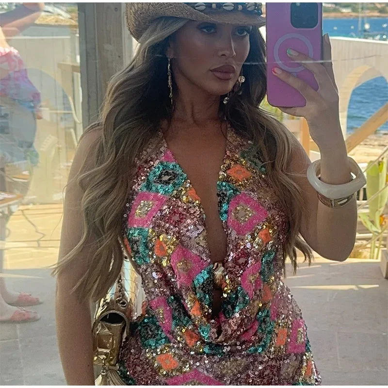 Sexy Sequin Halter Vest Shorts Women 2 Piece Sets Women Sleeveless Backless Vest Hip Package Short Pant 2026 Summer Lady Set ﻿