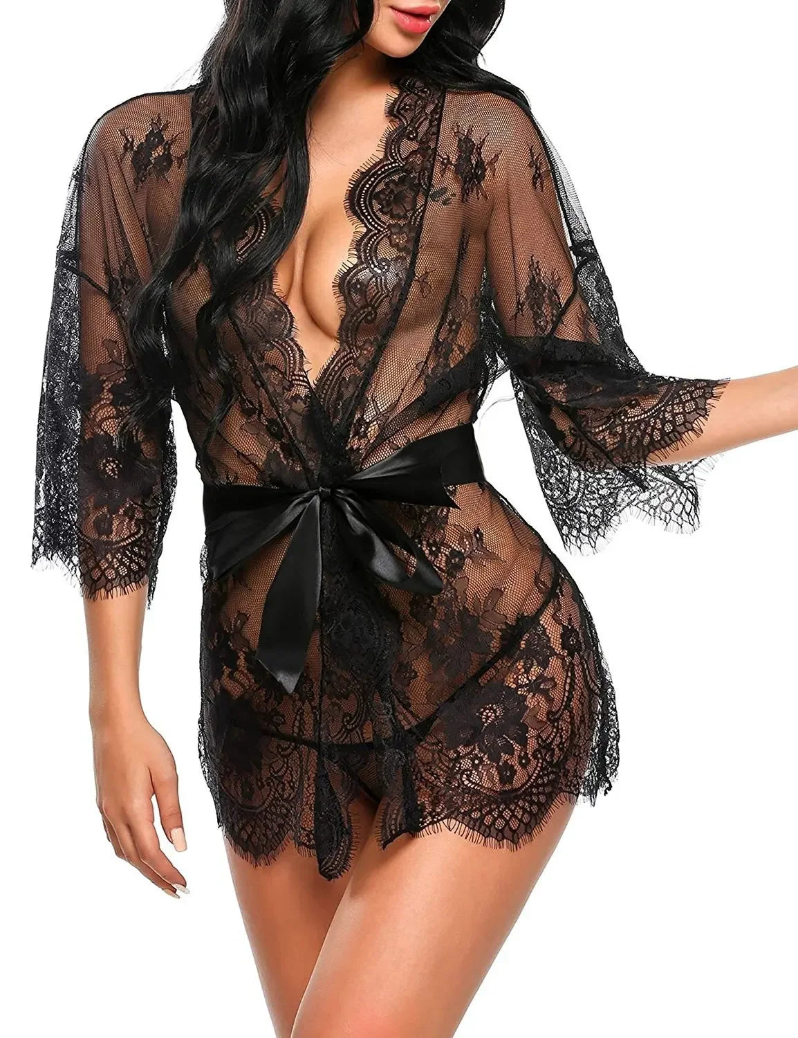 Erotic Transparent V-Neck Lace Babydoll Women Sexy Lingerie Nightwear Robe G-string Costume Robe Sleepwear Dress