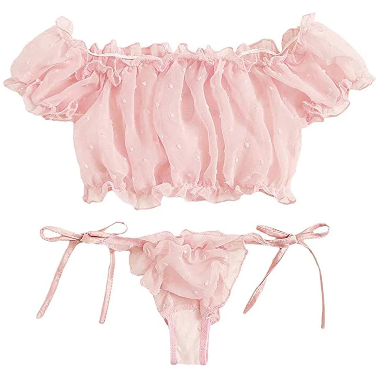Women's Sexy Lingerie Set Mesh Lace Ruffle Cute Dot Transparent Bra and Panty Wireless Thong Bandage Exotic Sets