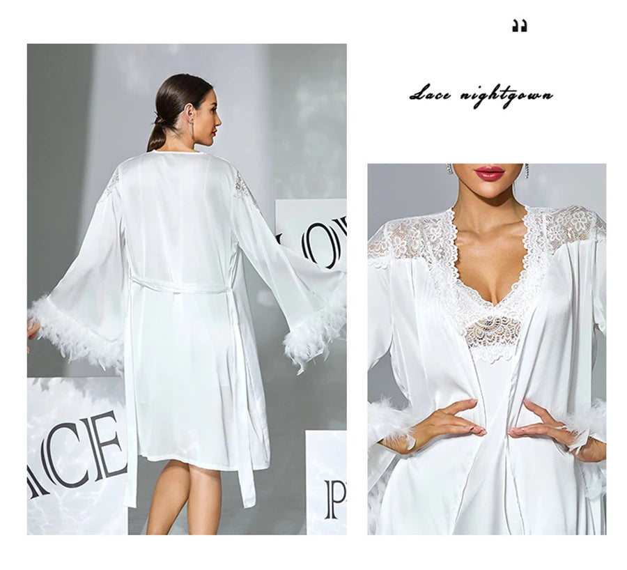 Women Satin Pajama Set Sexy Lace Camisole Nightgown Feather Trim Robe Bridal Sleepwear 2 PCS Set Wedding Nightdress Loungewear