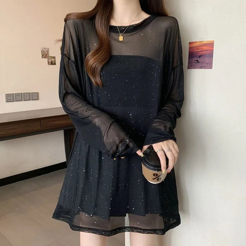 Black Sexy See Through Sheer T-Shirts Women Luxury Sequin Thin Ice Silk Long Sleeve T Shirt Summer Breathable Sun-Proof Tops
