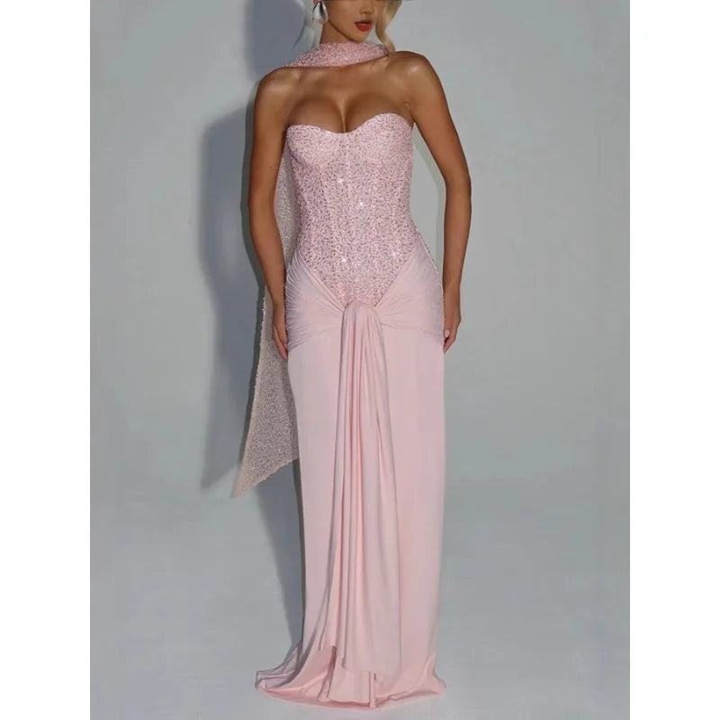 Sexy Women Sequins Party Wedding Dress Elegant Off Shoulder Slim Lace Graduation Ceremoney Mermaid Bodycon Corset Long Dress
