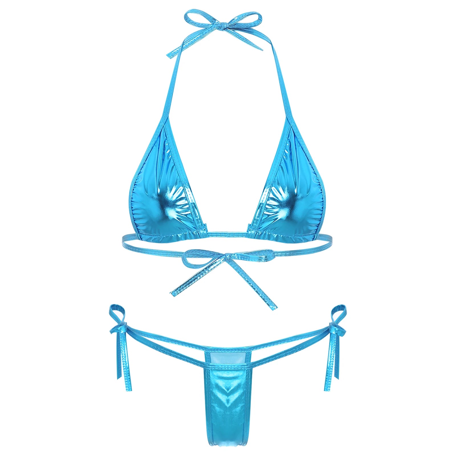 Womens Brazilian Micro Bikini Swimsuit Metallic Shiny Lacing Non-Padded Triangle Cup Bra Top with G-String Swimwear Biquini Set