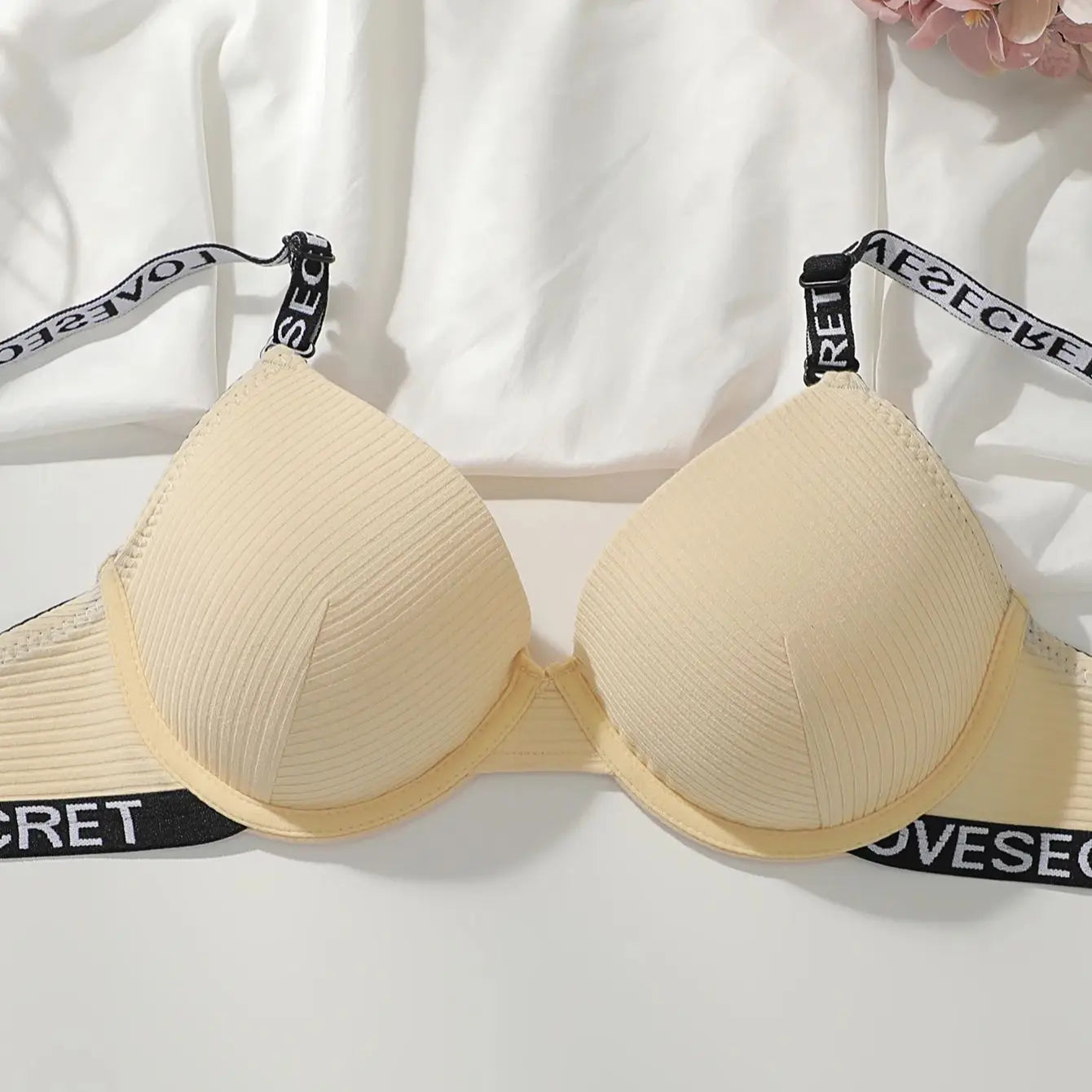 Women Ribbed Push Up Bra with Letter Print Adjustable Straps Underwire Comfort Bras Breathable Padded Cup Intimates Lingerie