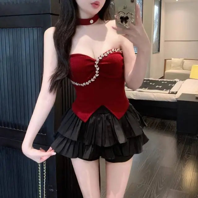 Sexy 2 Pieces Skirt Sets For Women Top And Bottom Clothing New Summer Clothes 2025 Luxury Designer Pleated Skirt Woman Outfit