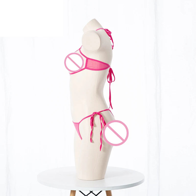 Sexy Lingerie 2 Piece Halter Neck Women's Underwear Set Mini Open Micro Bra Top Briefs Panties