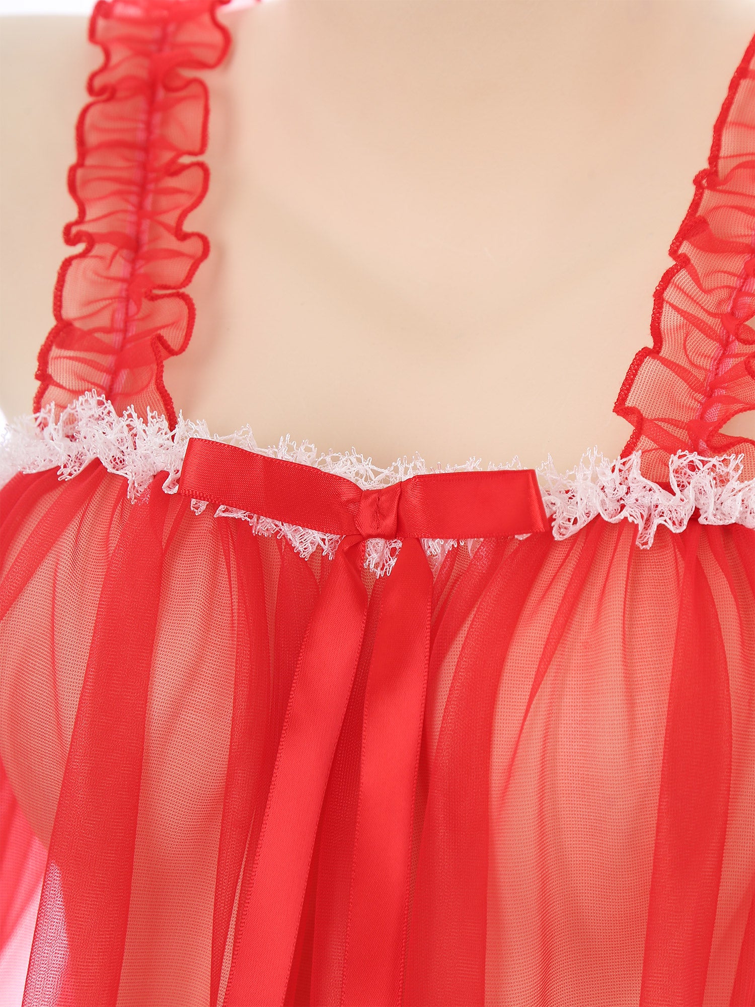 Womens Sexy See-Through Babydolls Sheer Mesh Top Ruffle Straps Bow Lace Trim Camisole Tops Lingerie Tempting Nightwear Clubwear