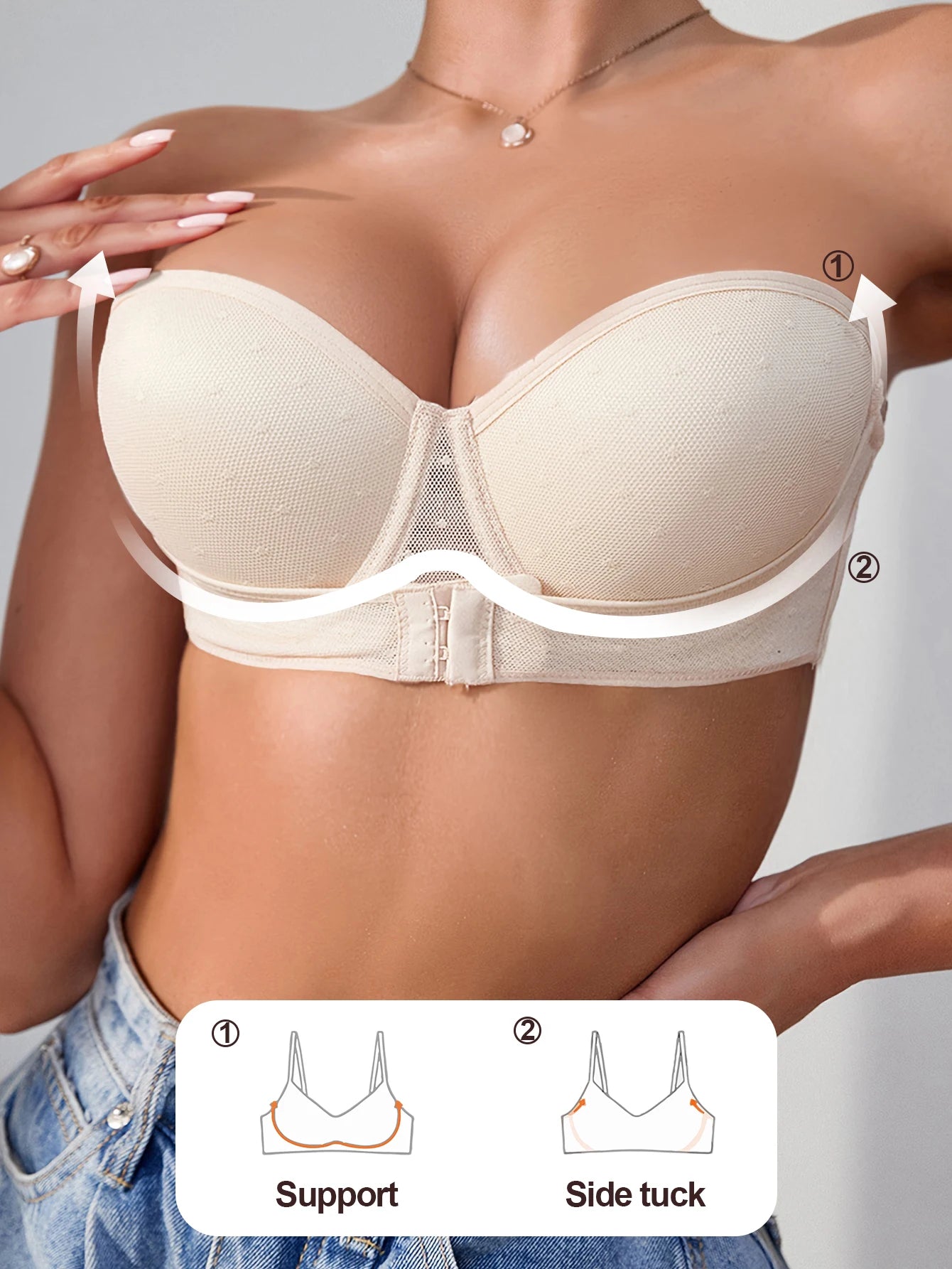 Front-fastening strapless bra with removable straps Back closure design ideal for off-the-shoulder and spaghetti-strap outfits