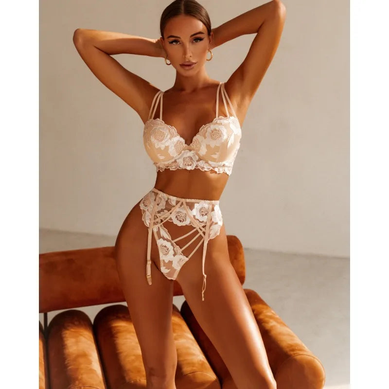Sissy Sexy Lingerie Sets Exquisite Floral Embroidery 3 Pieces Set Beautiful Erotic Underwear Sheer Mesh Bra Panties Garters Belt