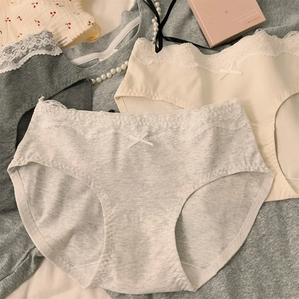 Lingerie Bow Lace Cotton Panties Transparent Seamless Underwear for Women Mid Waist Soft Floral Lace Briefs Spring Summer