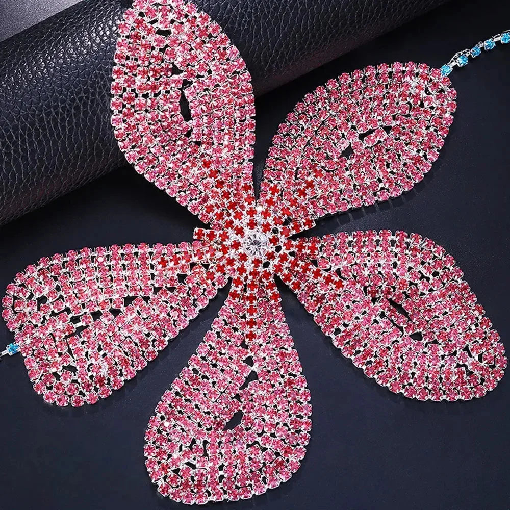 2024 Festival Pink Flower Bra Chain Harness Chest Accessories Rave Bikini Tops Large Crystal Body Chain Lingerie for Women