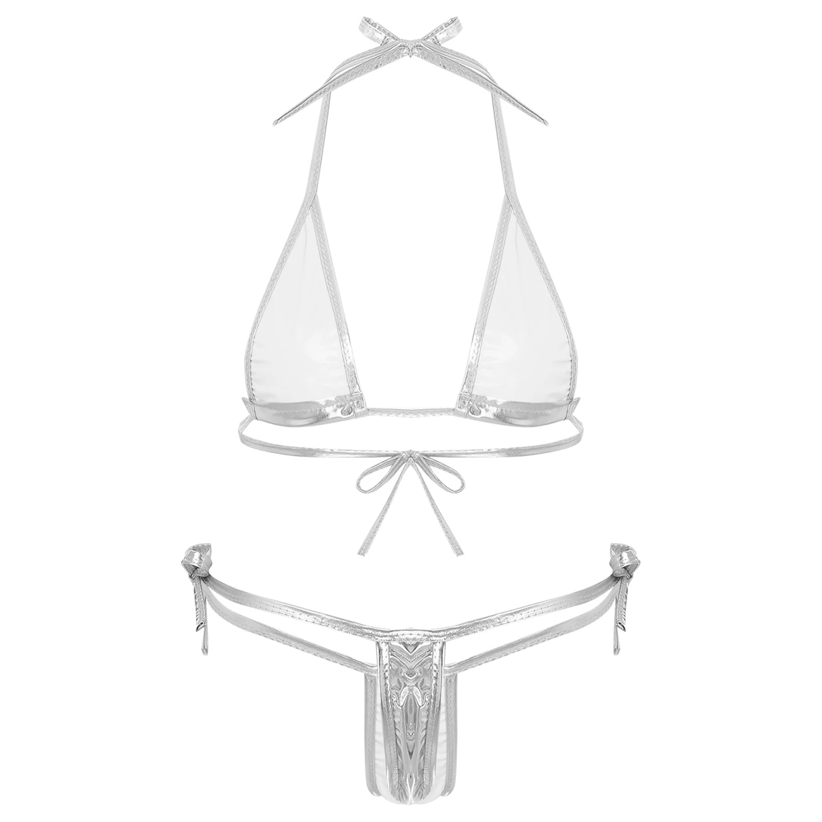 Womens Brazilian Micro Bikini Swimsuit Biquini Set Lacing Non-Padded Triangle Cup Bra Top with G-String Metallic Shiny Swimwear