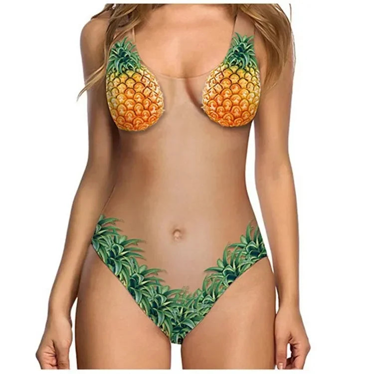 One-Piece Suits 2025 Trendy Women's Sexy Funny 3D Fake Breast Hairy Funny Print Swimsuit Bathing Suit Beach Outfits Bikini Mujer