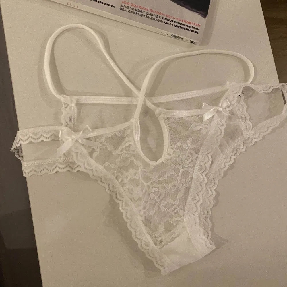 Lingerie Bow Lace Flower Panties Low Waist Hollow French Style Briefs Transparent Thin Strap Women Underwear Girl