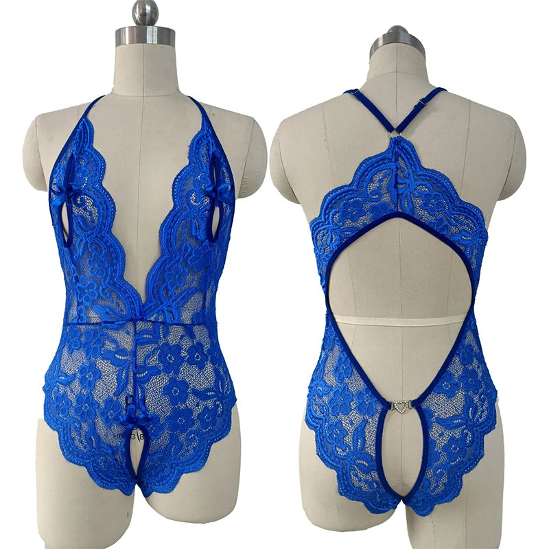 2023 New Erotic Lingerie For Women Lace Floral Transparent Bra Set Porn Costumes Deep V Open Bra Crotchless Bodysuit Underwear