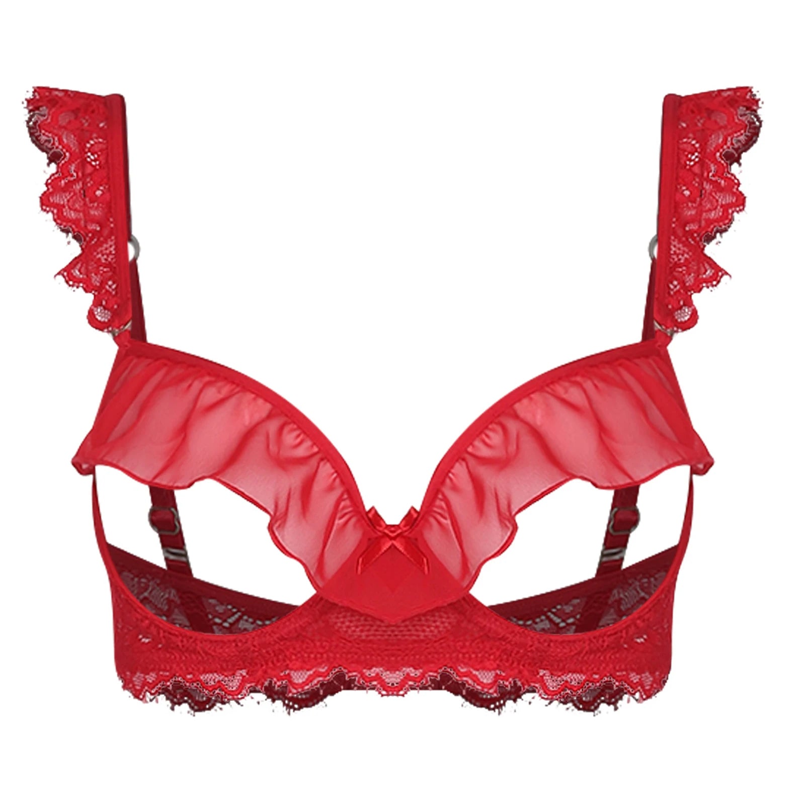 Sexy Womens Bare Breast Expose Nipples Bra Top Lingerie Cupless Ruffled Trim Push-up Underwire Eyelash Lace Balconette Bralette
