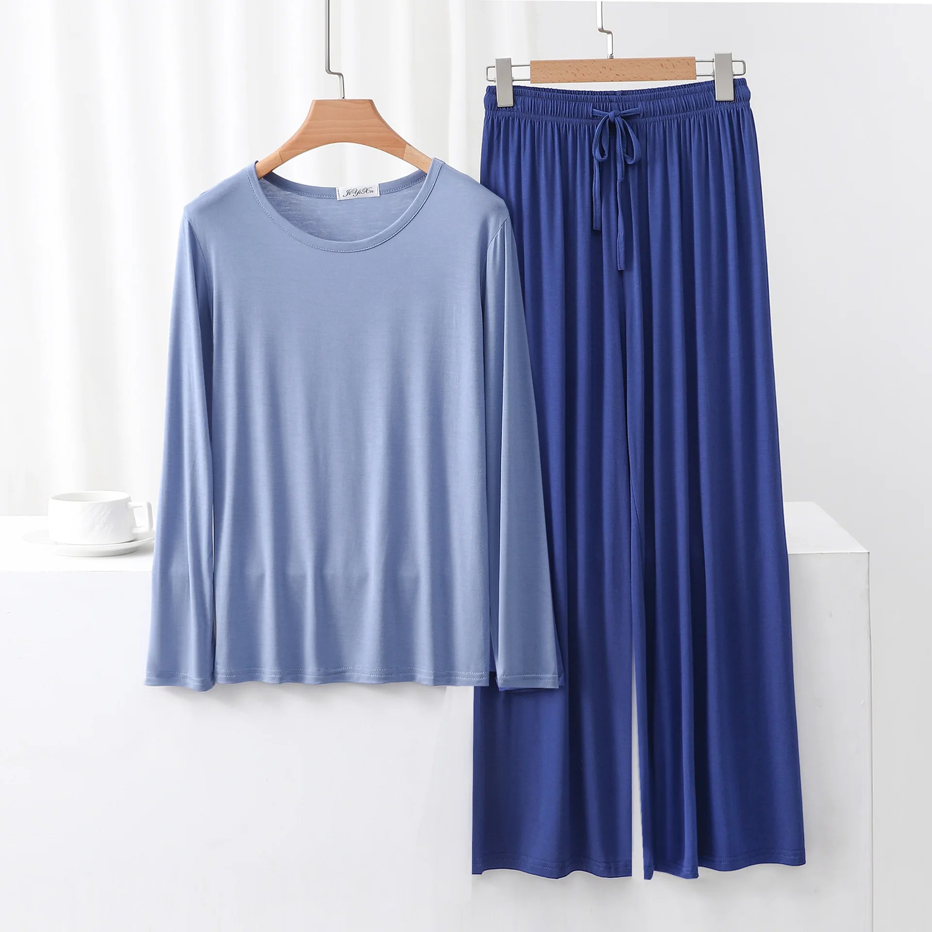 Modal Pajama Sets 2 Piece O-Neck Long sleeved Tshirt and Wide Leg Pant Ankle Length Loose sleepwear set Comfort homewear suits