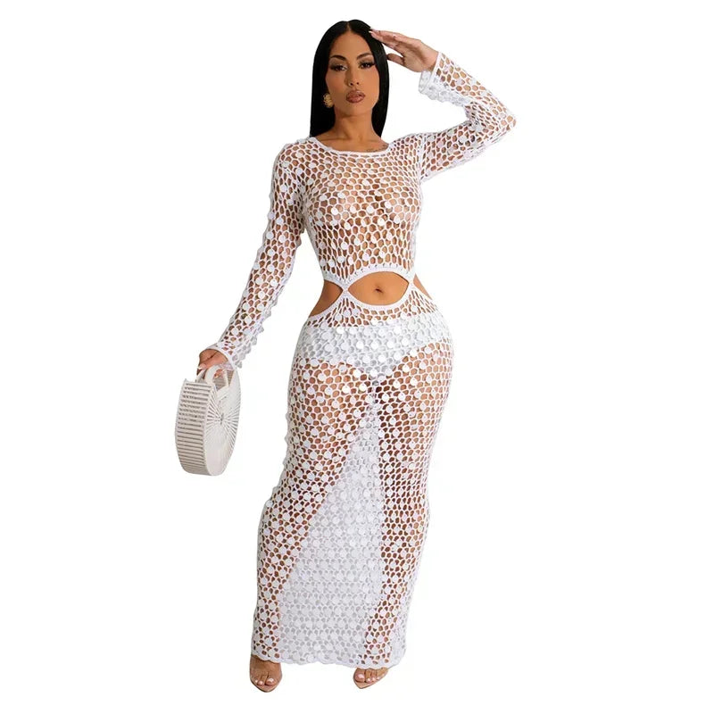 Sexy Party Dresses Sequined Crochet Knitted Beach Dress for Women Summer See-through Cover Up Bodycon Maxi Dress Vacation Club