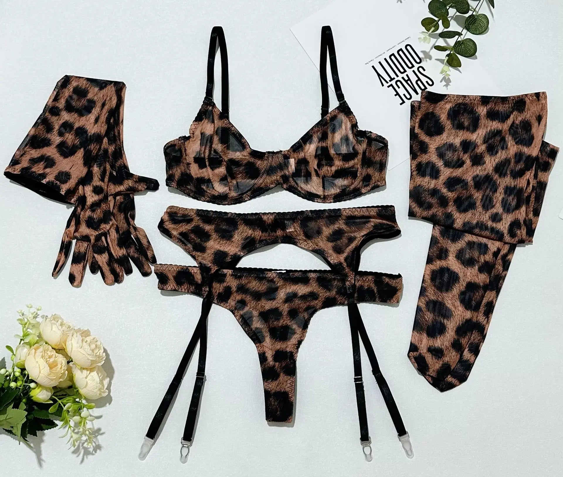 5Pcs Leopard Lingerie Set With Garter Belt Stockings Gloves Mesh Bra and Panty Set Strappy Underwear Erotic Costume For Women