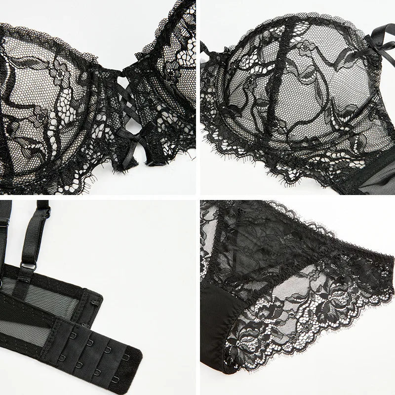 Women Sexy Bra See Through Lace Lingerie Bow Lace Embroidery Underwear Daily Female Bra