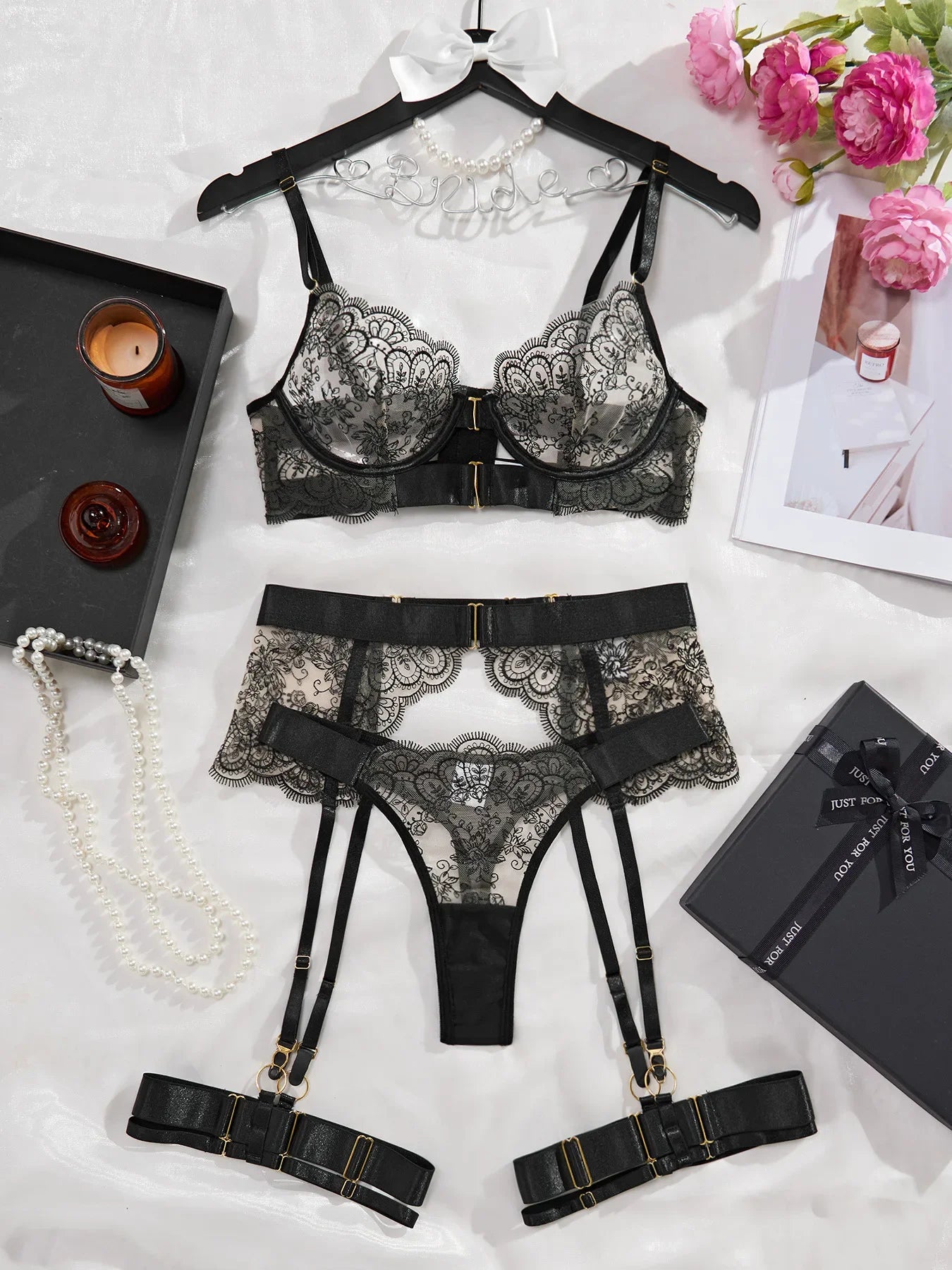 Sexy Lingerie Women's Bra Set Intimate Transparent Embroidered Bralette+Thong with Garter Set Sex Underwear