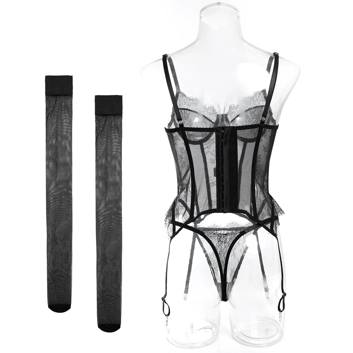 Sexy Lace Corset Lingerie Set for Women Push Up Bustier Bodysuit Boned Waist Cincher Garter Belt Stockings Erotic Underwear Set