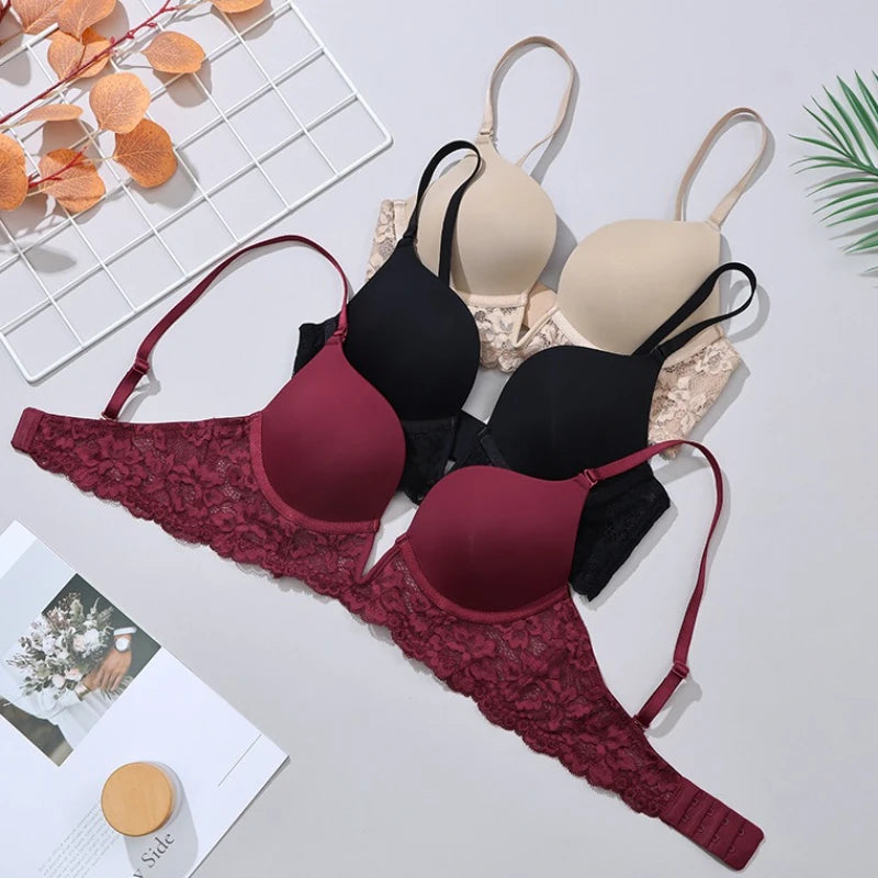 Women Padded Underwired  Push Up Lace Bras for Plunge Deep V Low Back Removable Strap Sexy Lingerie Brassiere Femme Underwear