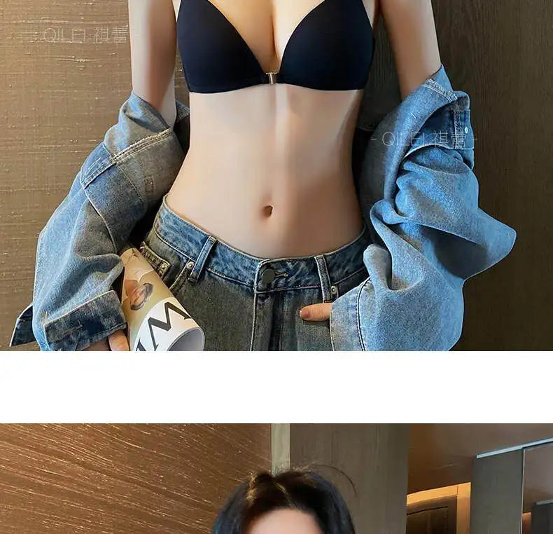 Front Closure Bras for Small Bust Women Deep V Plunge French Triangle Cup Seamless Thin Straps