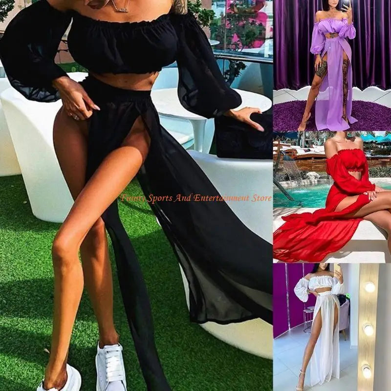 C4DE Women Sexy 2 Piece Swimsuit Cover Up Beach Outfits Set Sheer Mesh Puff Long Sleeve Off Shoulder Crop Top High Waist