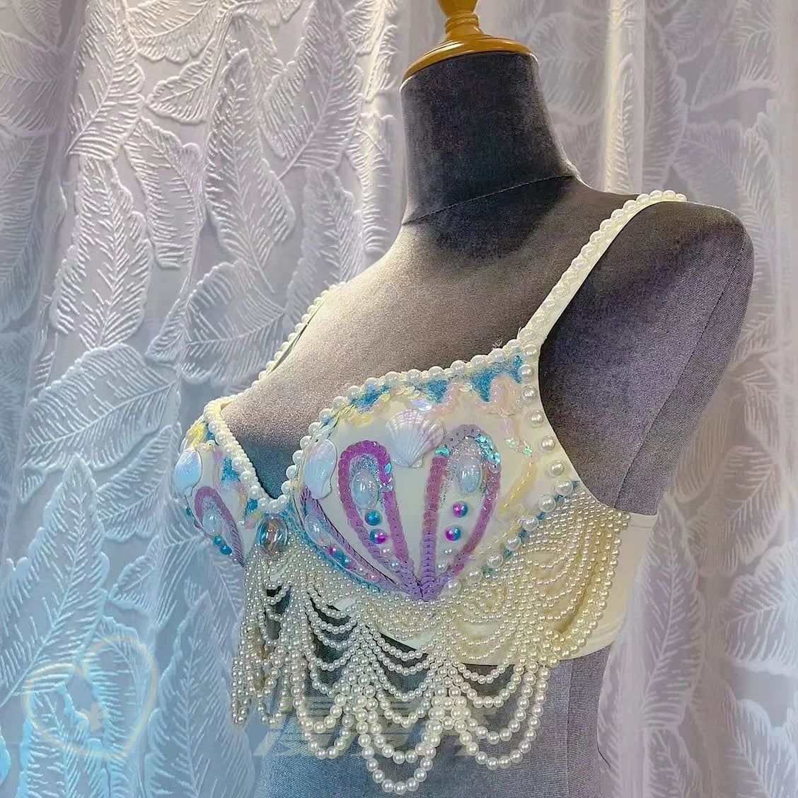 customized sparkling iridescent sequin shell bra pearl chain tassel pool party bra beach vacation pearl jacket belly dance bras