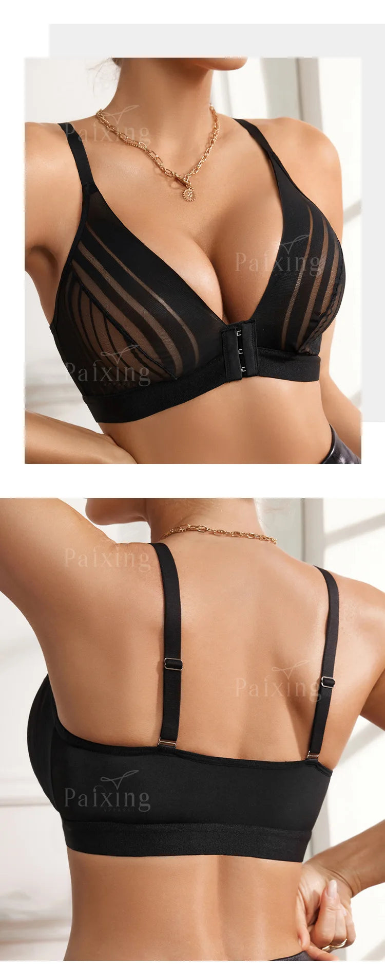 Striped lace front button side fold up lingerie plus French style sexy strapless wire free women's bra