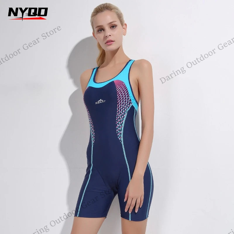 Women's One-Piece Racing Swimsuit, Athletic Quick-Dry Sleeveless Swimsuit with Shorts for Hot Spring & Diving