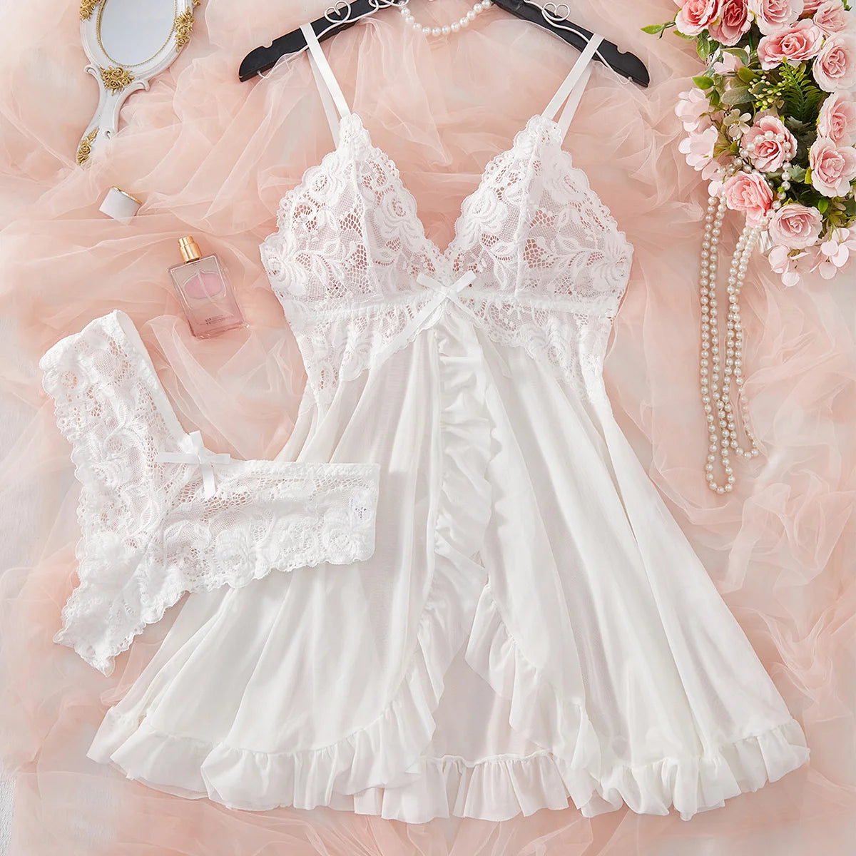 Sexy Lingerie Sleep Dress Women Nightdress Lace Sleepwear Solid Slim Soft V Neck Full Slip Dresses & Panties Set