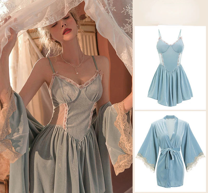 Women Robe Nightwear Lace French Nightgown Sleepwear Hollow out velvet camisole Lingerie Robe 2022 Spring Autumn Set Sexy Sweet